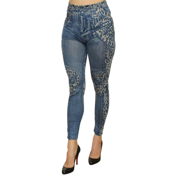 Legging bleu effet jean délavé imprimé léopard 